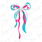 A bow made of colorful ribbons and pearls against a white background.