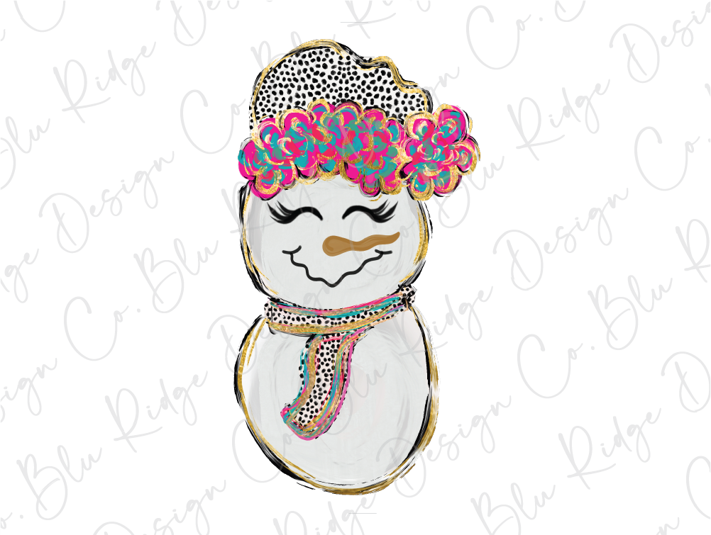 a snowman wearing a colorful hat and scarf