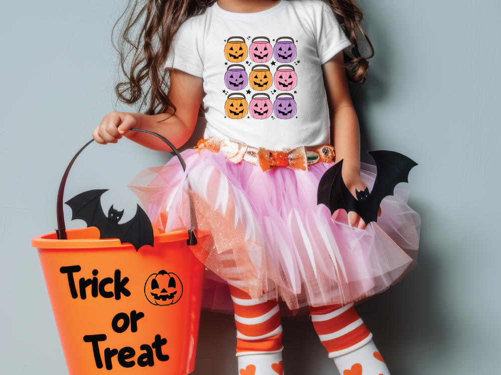 a little girl in a trick or treat costume holding a trick or treat bucket