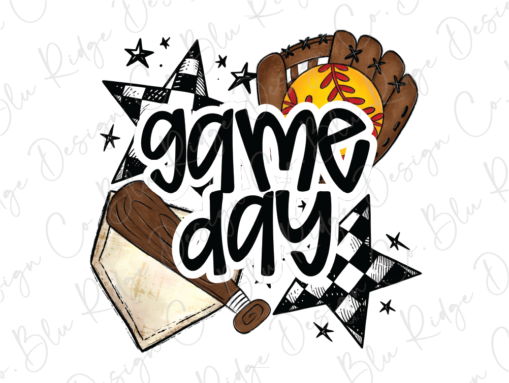 a game day sign with a baseball glove and ball