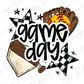 a game day sign with a baseball glove and ball