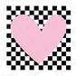 a pink heart on a black and white checkered background