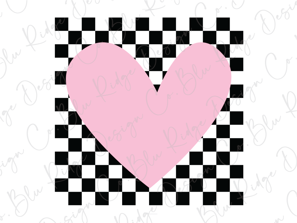 a pink heart on a black and white checkered background