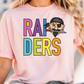 A person wearing a pink t-shirt with the text "RAI DERS" printed on it, along with a cartoon pirate character.