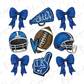 a football helmet, helmet, and glove with a blue bow