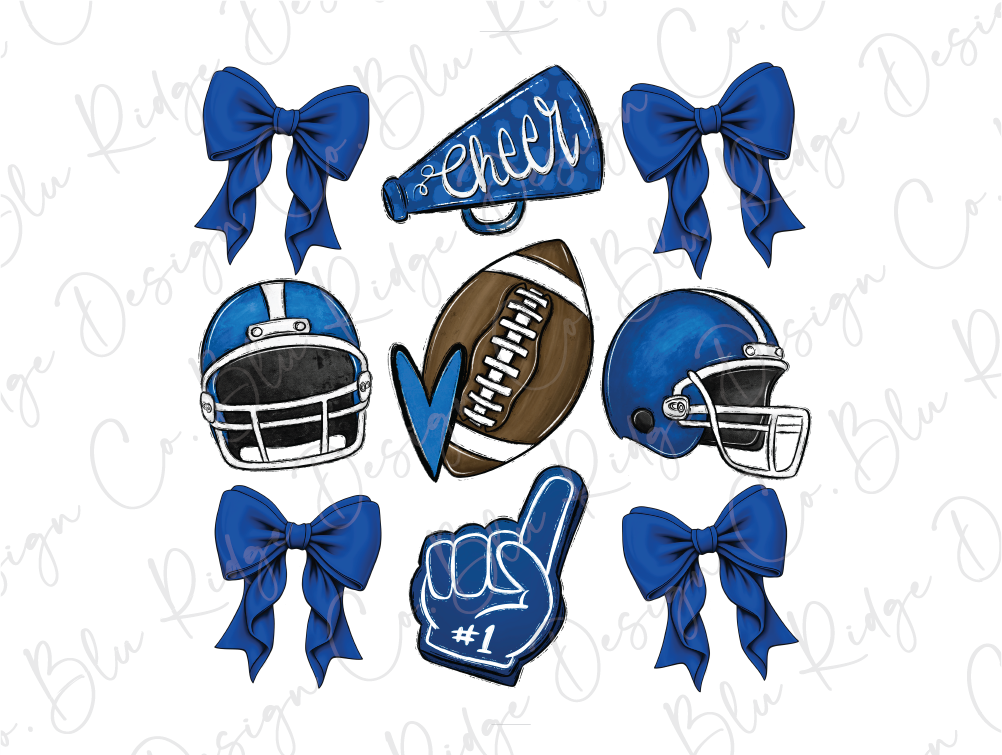 a football helmet, helmet, and glove with a blue bow