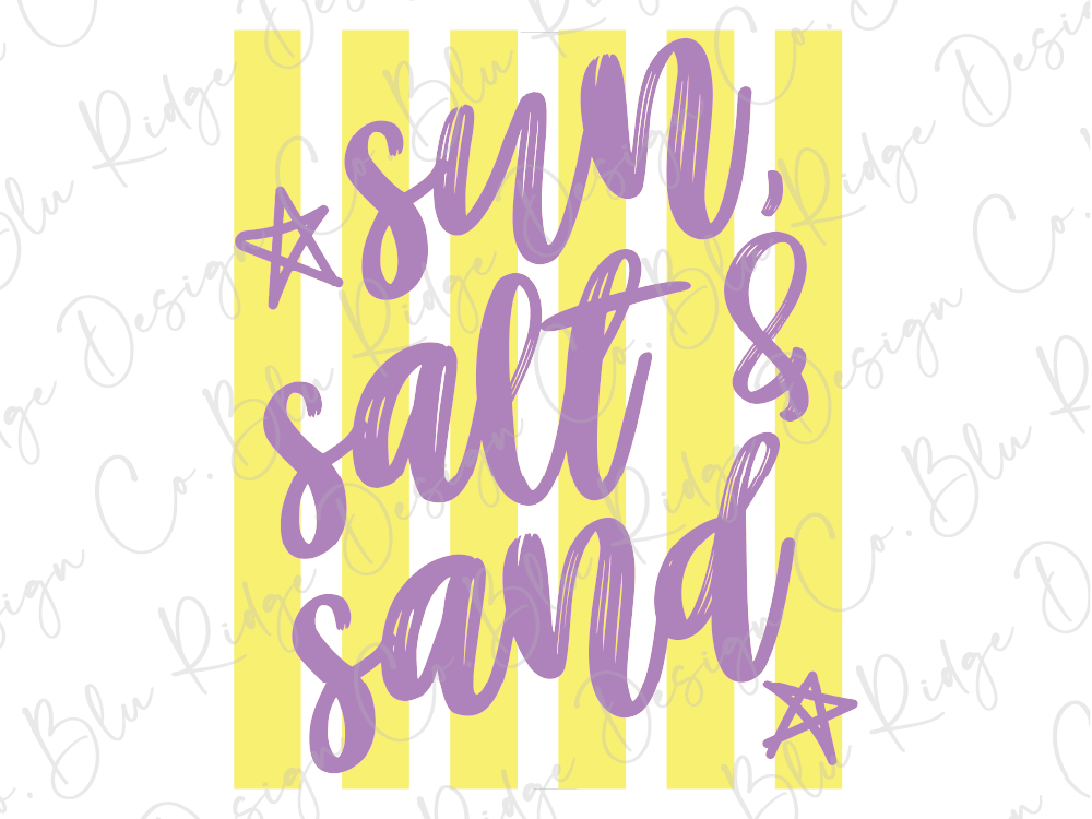 a vibrant and playful design with the text "sun, salt & sand" written in a stylized purple font against a yellow and white striped background.