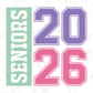 the text "SENIORS 26" in a stylized design with various colors, including green, purple, and pink.