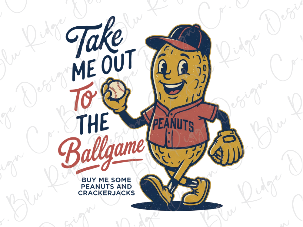 A cartoon peanut character wearing a baseball uniform and holding a baseball, with the text "Take me out to the Ballgame" and "Buy me some Peanuts and crackerjacks" below the image.