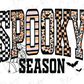 a Halloween-themed design with the word "SPOOKY" prominently displayed in the center. The design includes various Halloween-related elements such as leopard print, checkered patterns, and bats.