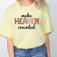 a woman wearing a yellow t - shirt that says make heaven crowded
