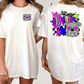 A white t-shirt with a graphic design on the back, featuring a dog with a star-shaped eye and the text "Let's go Bulldogs" in a colorful, stylized font.