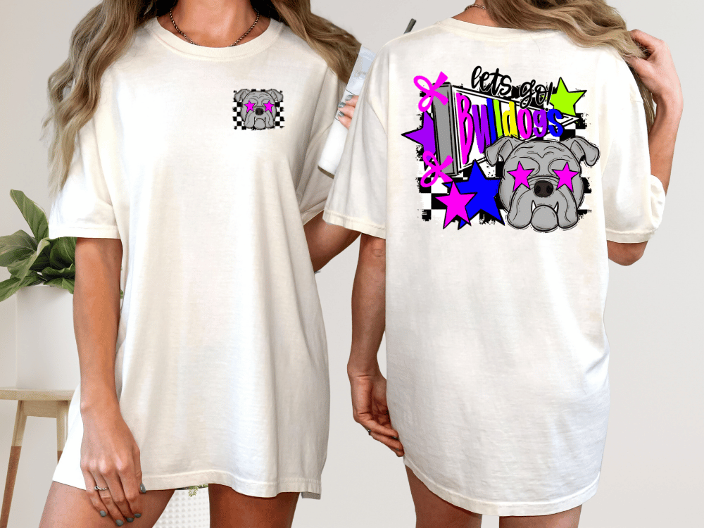 A white t-shirt with a graphic design on the back, featuring a dog with a star-shaped eye and the text "Let's go Bulldogs" in a colorful, stylized font.