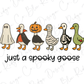 A group of cartoon ducks dressed in Halloween costumes, including a ghost, pumpkin, skeleton, and green goose, along with the text "just a spooky goose".