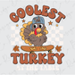 a turkey riding a skateboard with the words coolest turkey at the side