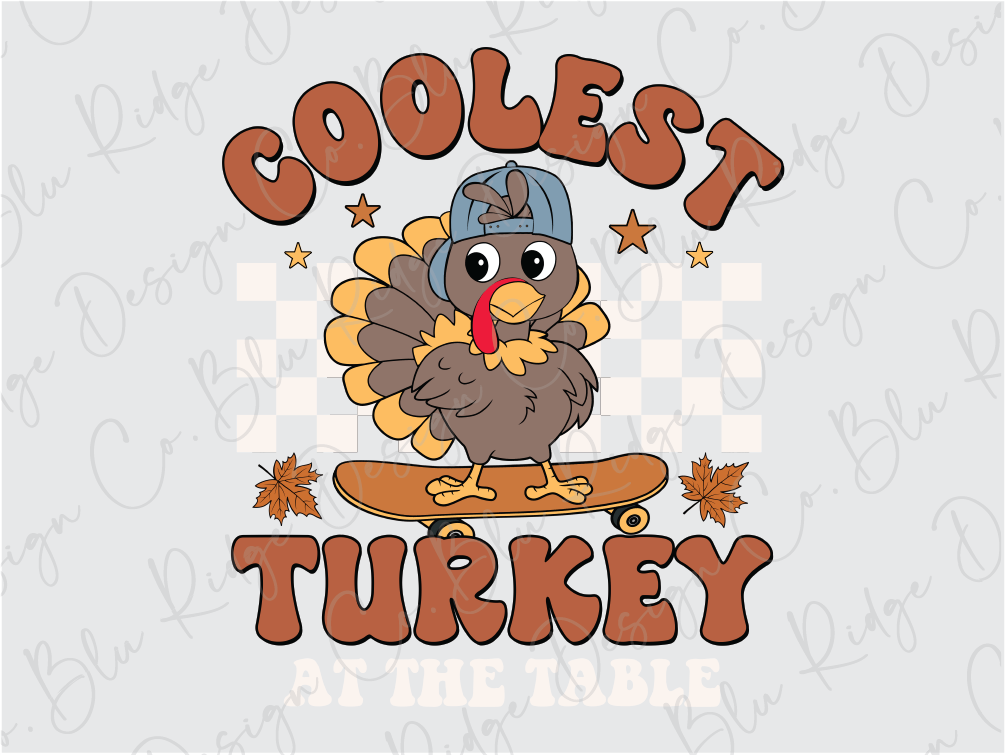 a turkey riding a skateboard with the words coolest turkey at the side