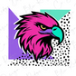 A stylized illustration of a bird's head in a vibrant pink color, with a teal beak and a geometric background with purple and green shapes.