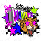 A colorful and stylized illustration featuring a leopard-like animal with large eyes and a wide-open mouth, surrounded by various shapes, stars, and text elements.