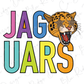 A colorful graphic design featuring the text "JAGUARS" with a stylized illustration of a jaguar's head.