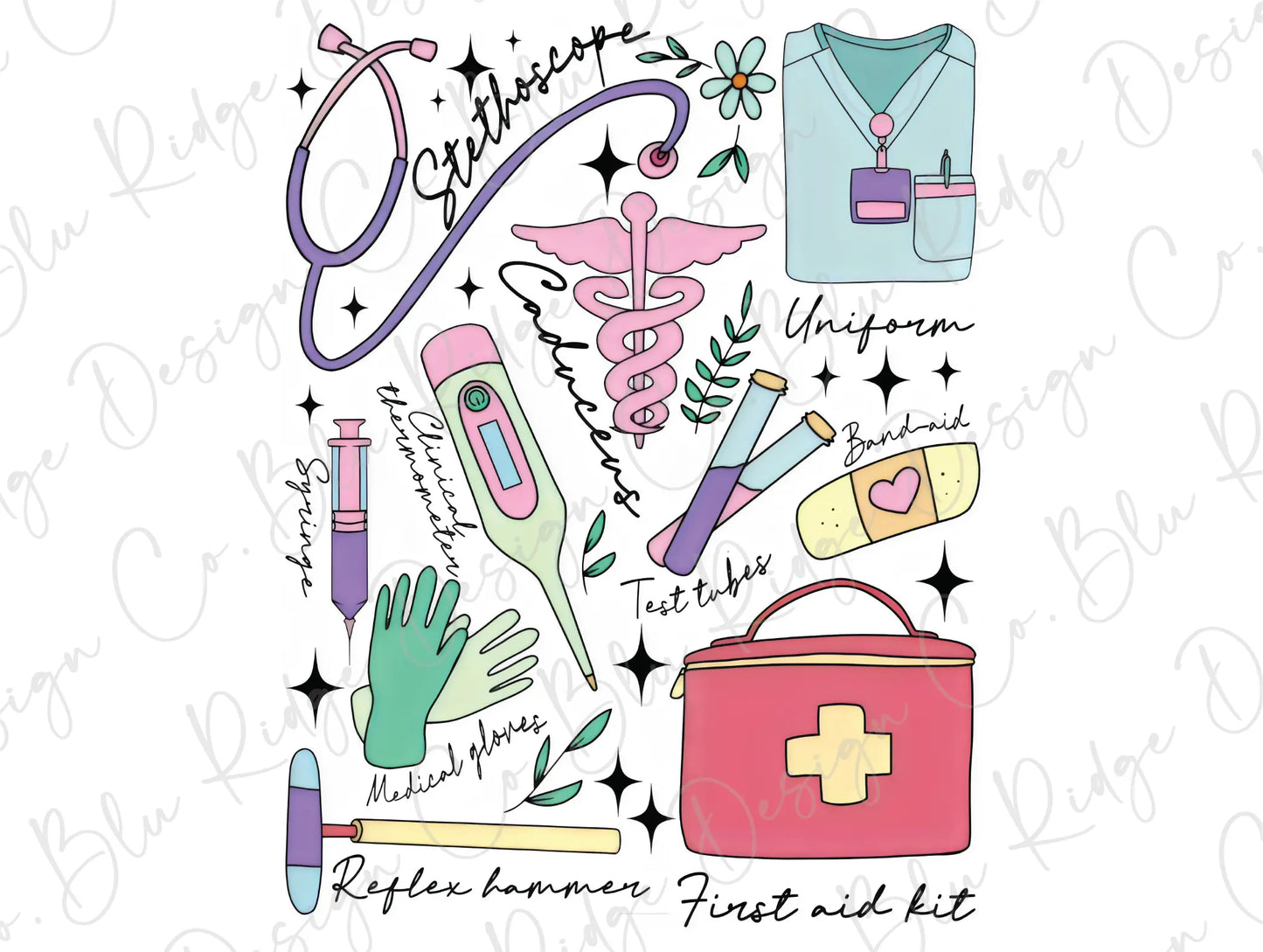 a stencil of a nurse's tools and medical items