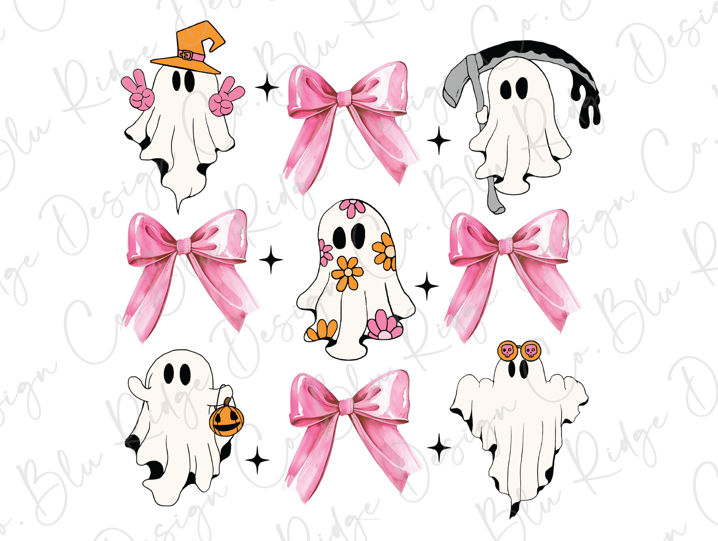 a set of six ghost cliparts with pink bows