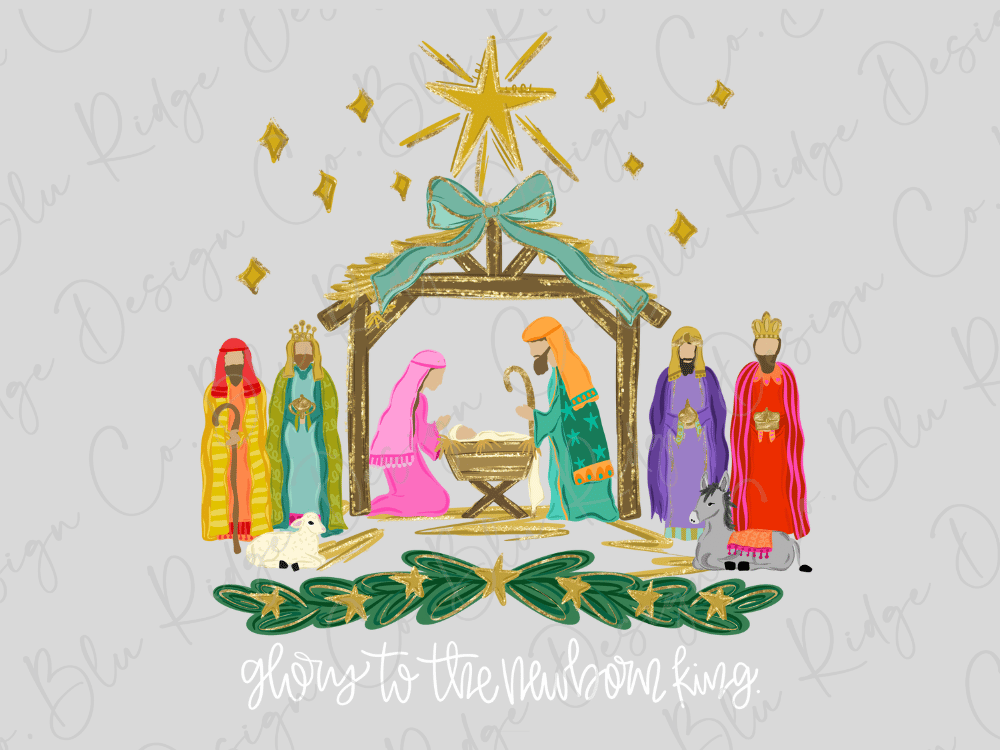 a nativity scene with the baby Jesus surrounded by the Magi, wise men, and other figures in colorful robes. The scene is set in a manger with a green roof and gold accents, and the background is a light gray color with gold stars scattered throughout. The image is a vibrant and detailed illustration of the traditional nativity scene.
