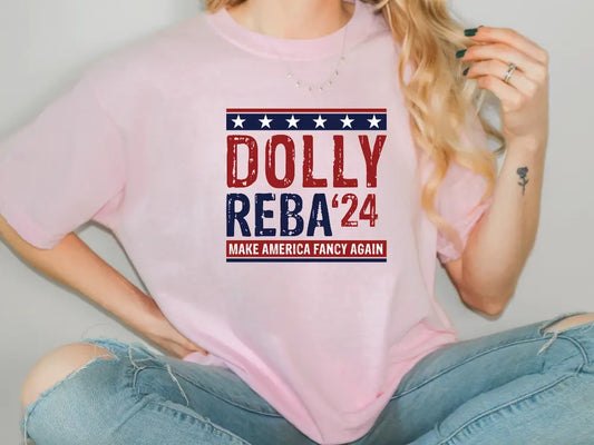 a woman wearing a t - shirt that says dolly reba