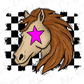A stylized illustration of a horse's head with a pink star on its forehead, set against a background of black and white checkered squares.