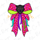 A stylized illustration of a panther's head wearing a large pink bow with a leopard print pattern.