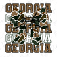 A camouflage bow with the word "GEORGIA" written in a repeating pattern of brown and green letters.