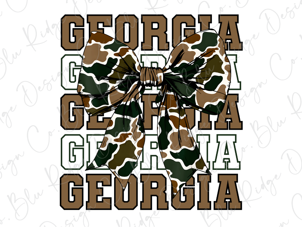 A camouflage bow with the word "GEORGIA" written in a repeating pattern of brown and green letters.