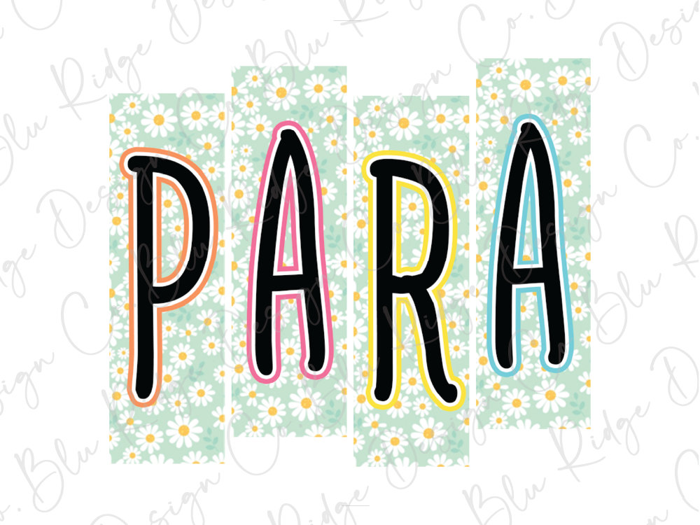 the word "PARA" written in a stylized font, with the letters "P" and "A" in pink and yellow, and the letters "R" and "A" in blue and yellow. The background of the image has a floral pattern in shades of green and white.
