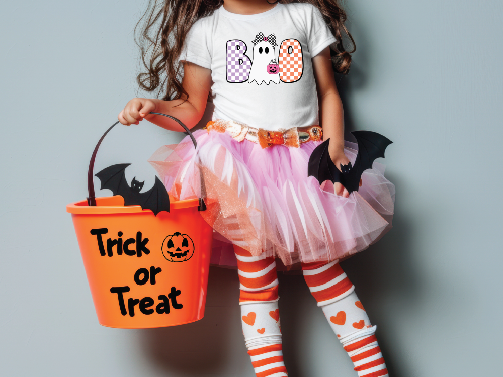 a little girl in a halloween costume holding a trick or treat bucket