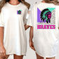 A woman wearing a white t-shirt with a colorful graphic design on the back, including a Native American headdress and the word "Braves" written below it.