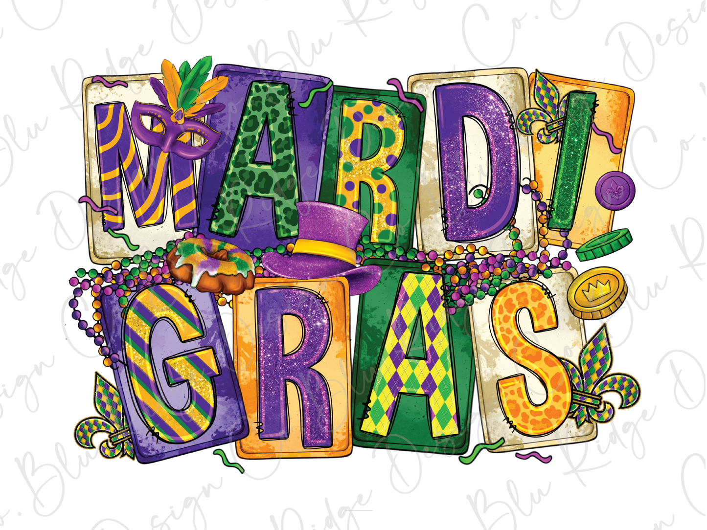 Mardi Gras Colorful Block Letters and Party Beads Graphic T-Shirt