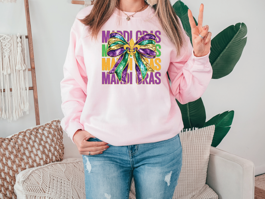 Mardi Gras Stacked Glitter Bow Graphic T-Shirt