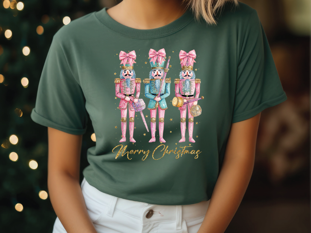 Faux Glitter Merry Christmas Coquette Nutcrackers Graphic T-Shirt