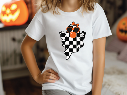 Retro Groovy Checkered Halloween Girly Ghost Graphic T-Shirt
