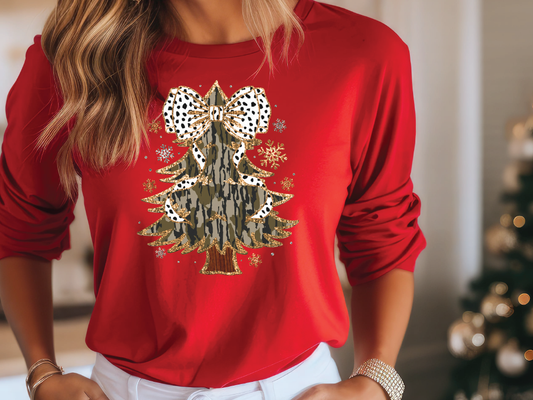 Bottomland Camo Christmas Tree Dalmatian Bow Graphic T-Shirt