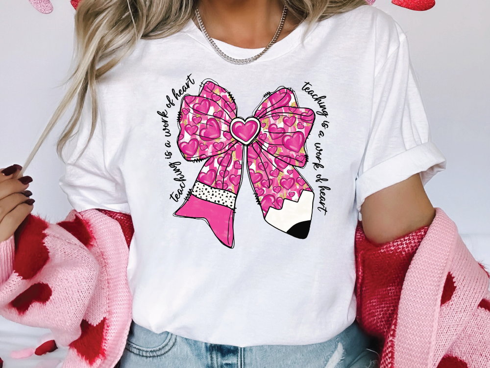 Teaching Is A Work Of Heart Pencil Heart Coquette Graphic T-Shirt