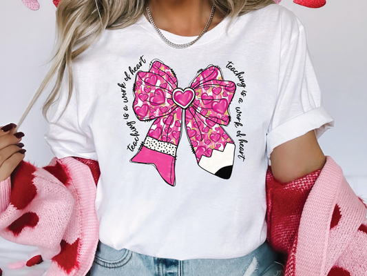 Teaching Is A Work Of Heart Pencil Heart Coquette Graphic T-Shirt