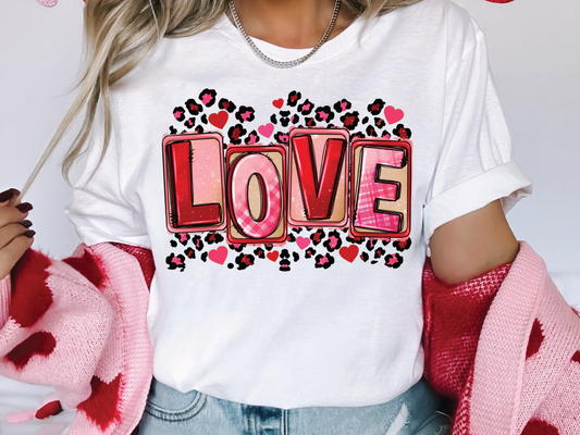LOVE Valentines Day Pink Leopard Print Graphic T-Shirt