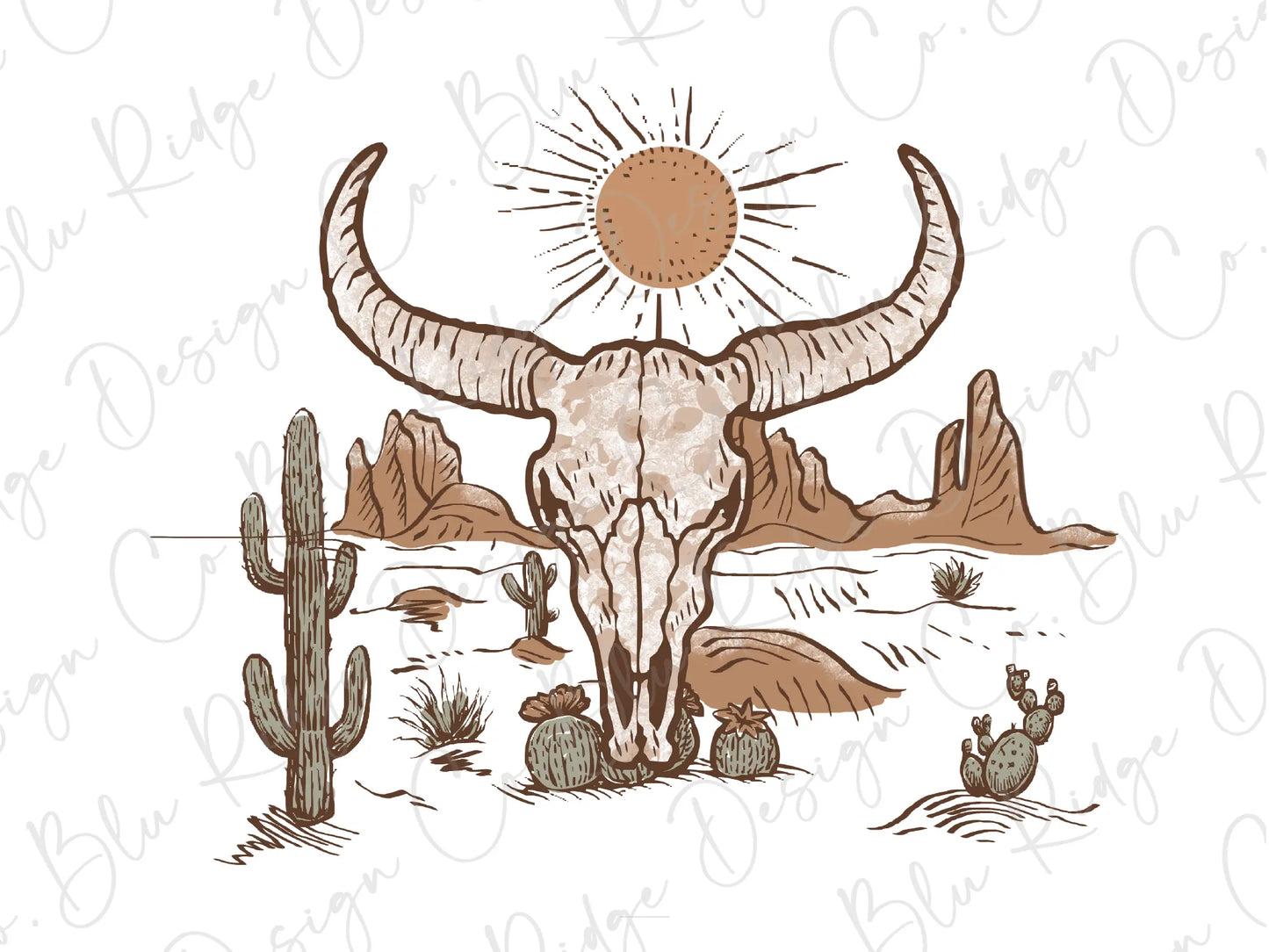 a drawing of a bull skull with a sun above it