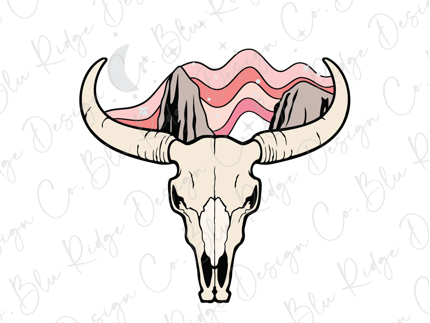 a bull's skull with long horns and a mountain range in the background