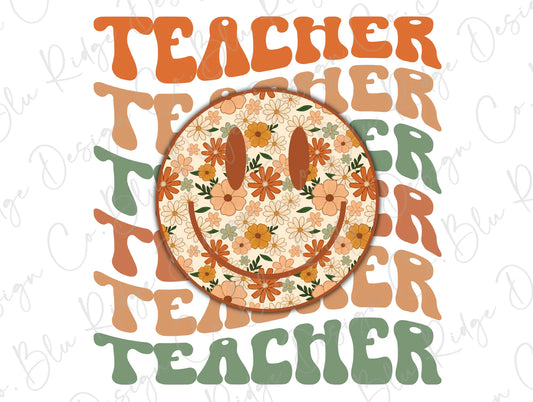 Teacher Stacked Retro Vintage Floral Smiley Design Direct To Film (DTF) Transfer BluRidgeDesignCo