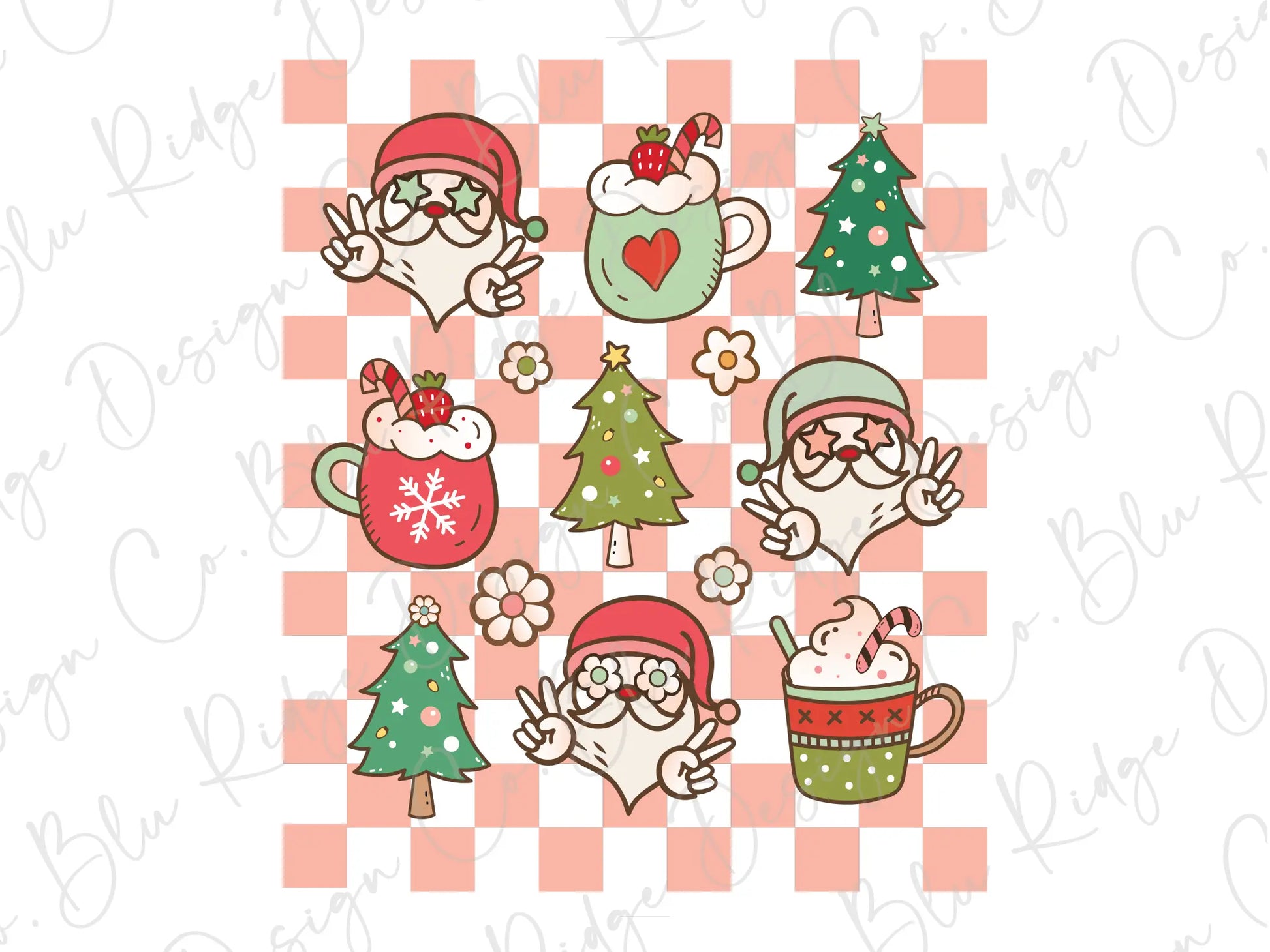 Christmas Faves Checkered Santa Christmas Tree Hot Cocoa Direct To Film (DTF) Transfer BluRidgeDesignCo