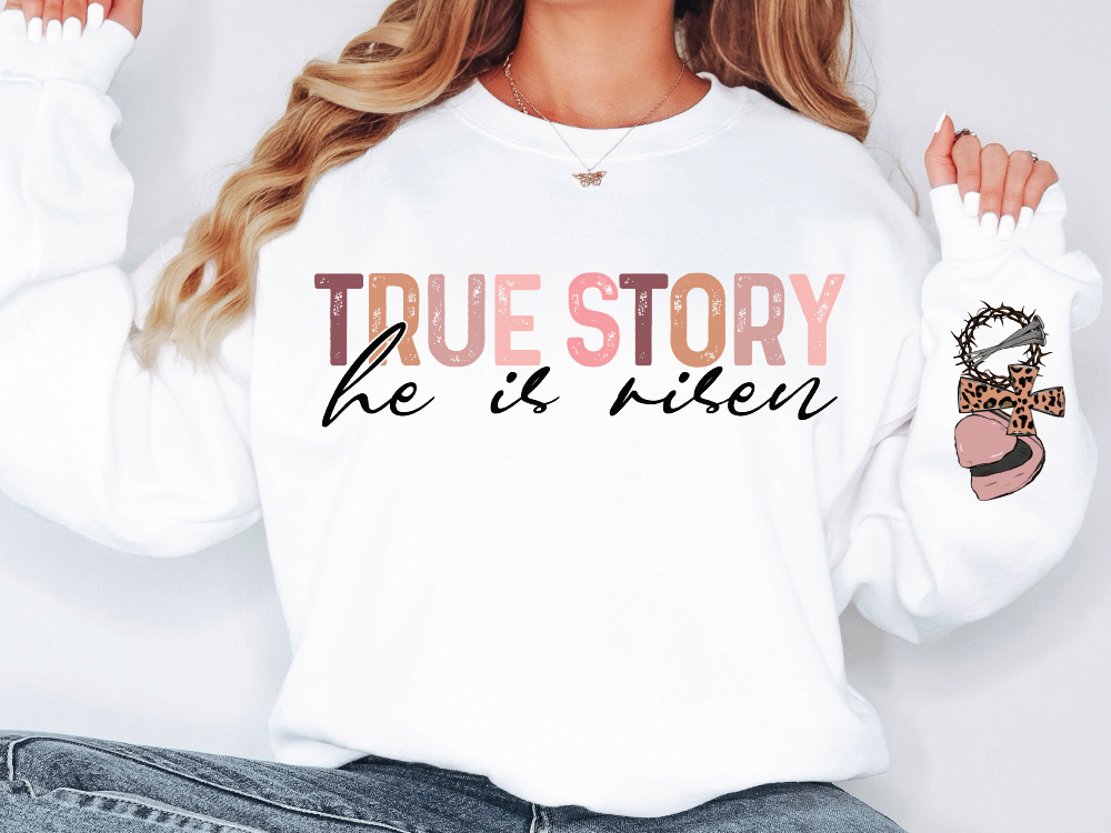 a woman wearing a white shirt with the words true story on it