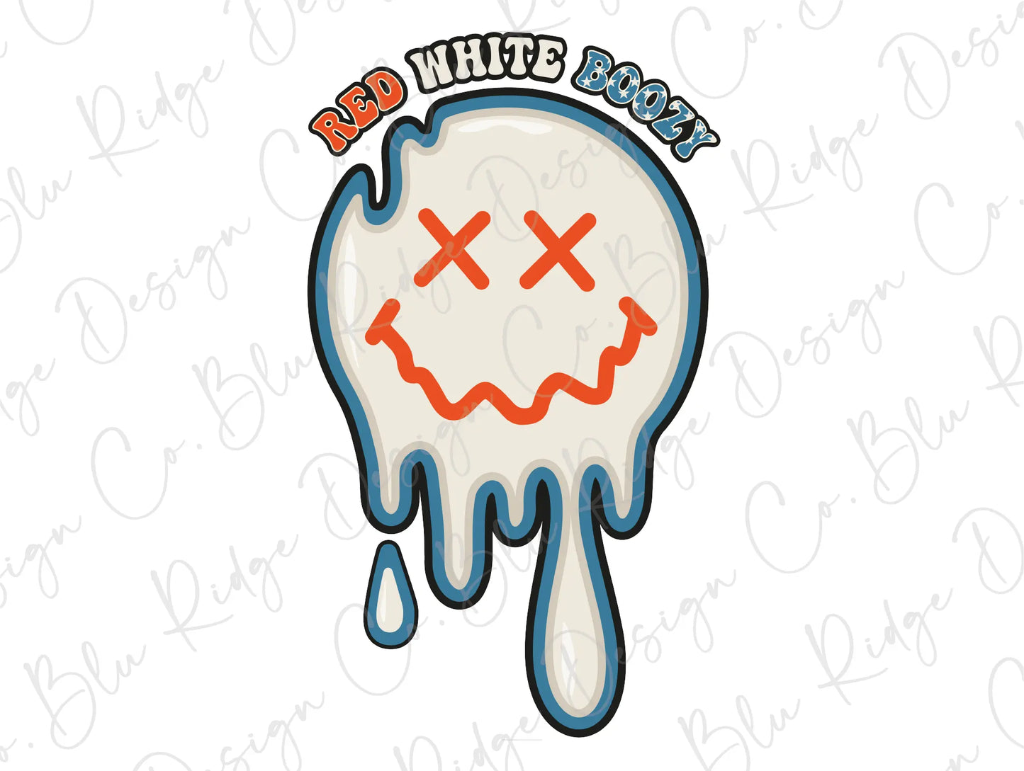 Red White Boozy Drip Smiley Retro July 4th Patriotic Design Direct To Film (DTF) Transfer