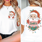 a woman wearing a santa clause t - shirt