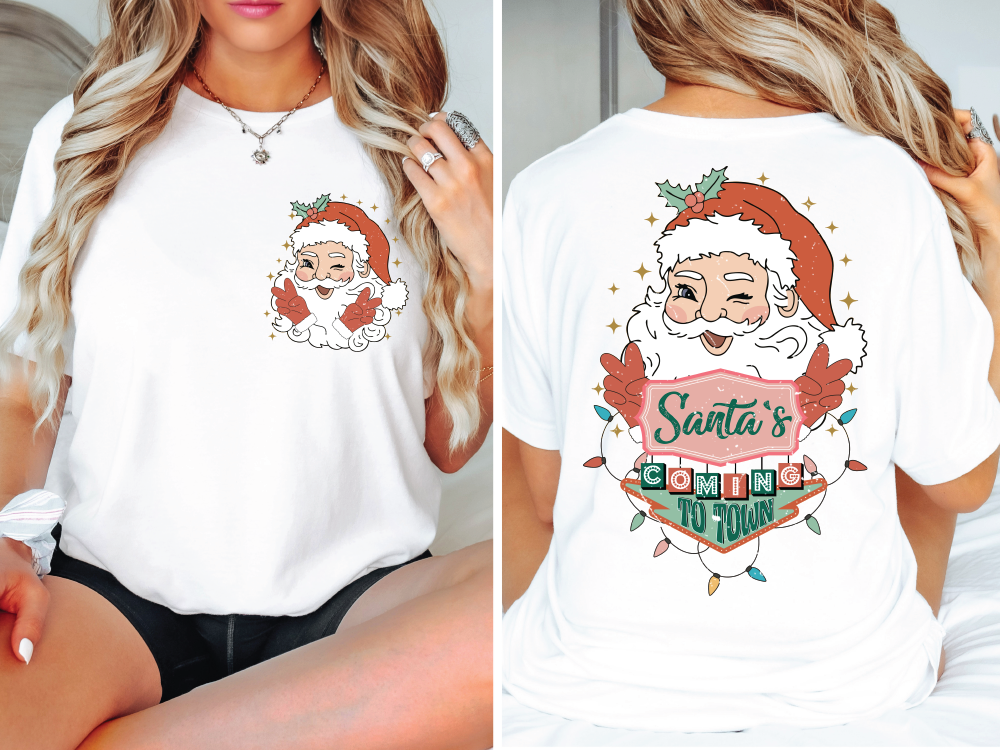 a woman wearing a santa clause t - shirt